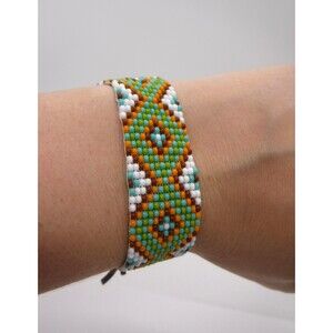 Loom Beaded Bracelet Brown, White & Orange Print